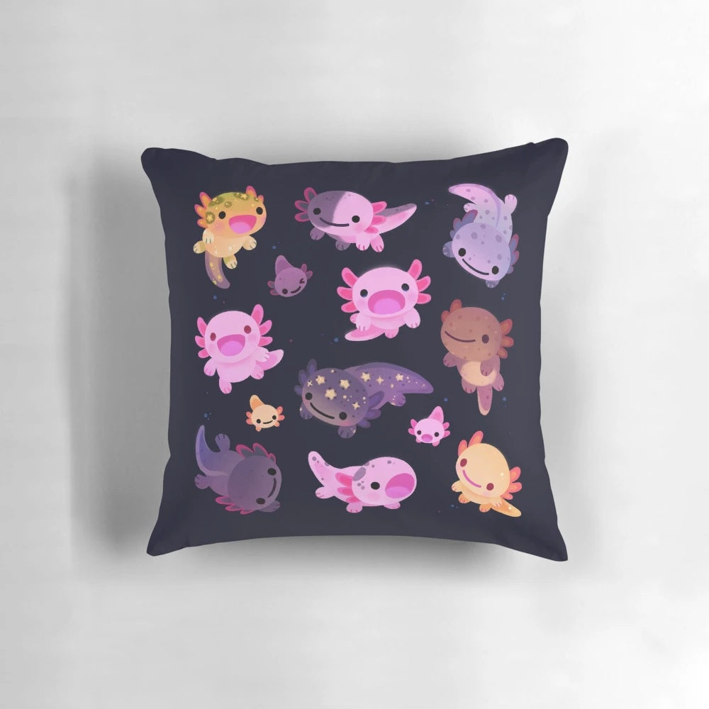 Soft, plush axolotl-themed pillow in various colors, perfect for home decor and pet lovers.
