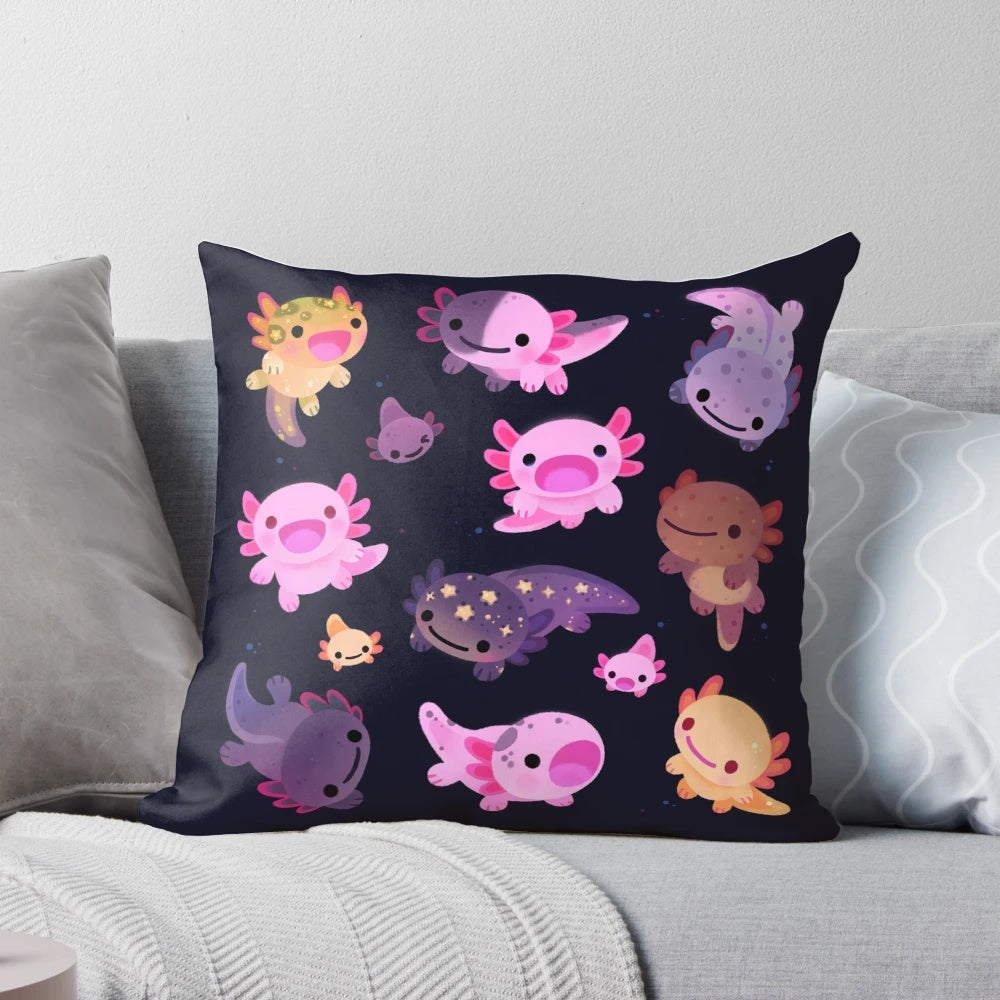 Soft, plush axolotl-themed pillow in various colors, perfect for home decor and pet lovers.