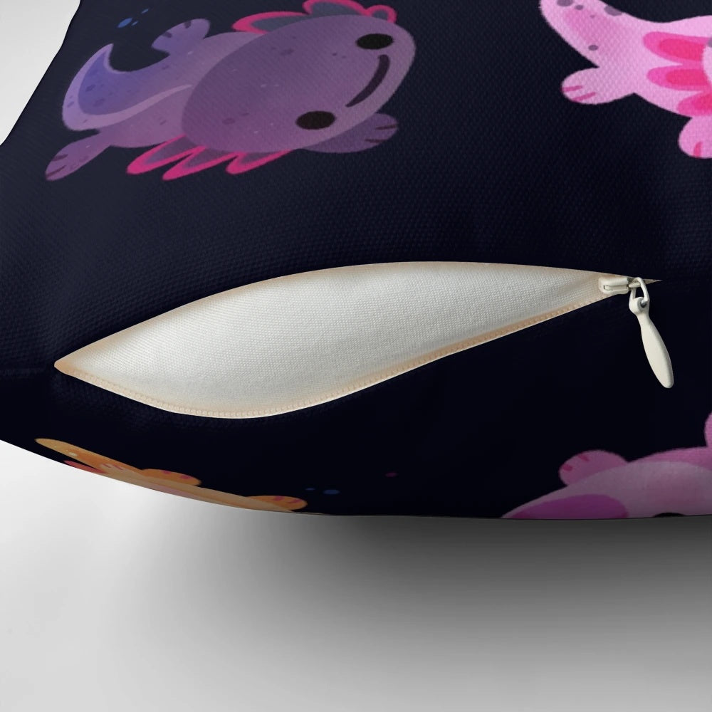 Soft, plush axolotl-themed pillow in various colors, perfect for home decor and pet lovers.