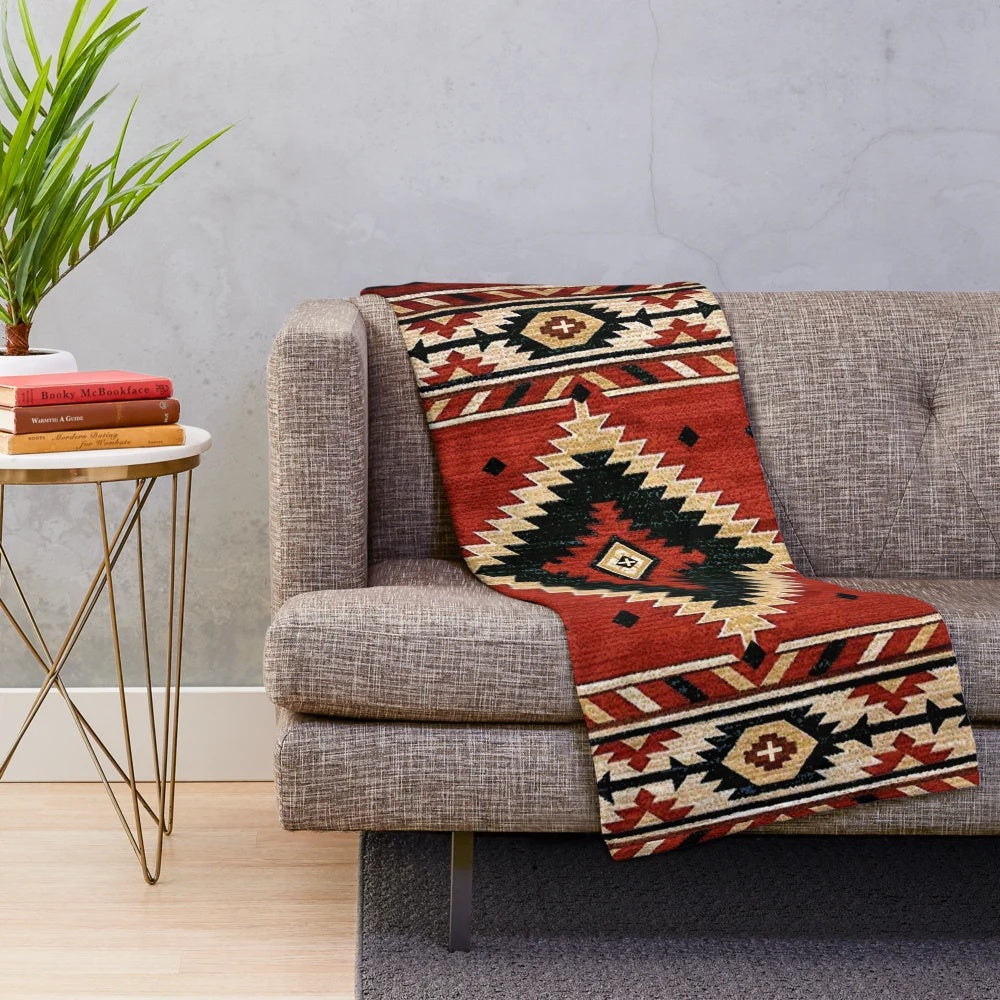 Aztec-patterned plush blanket in bright, bold colors