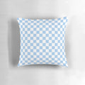 Soft and plush baby blue and white checkered throw pillow for nursery, bedroom, or living room decor.
