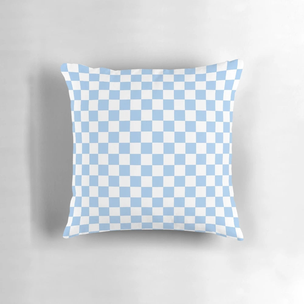 Soft and plush baby blue and white checkered throw pillow for nursery, bedroom, or living room decor.