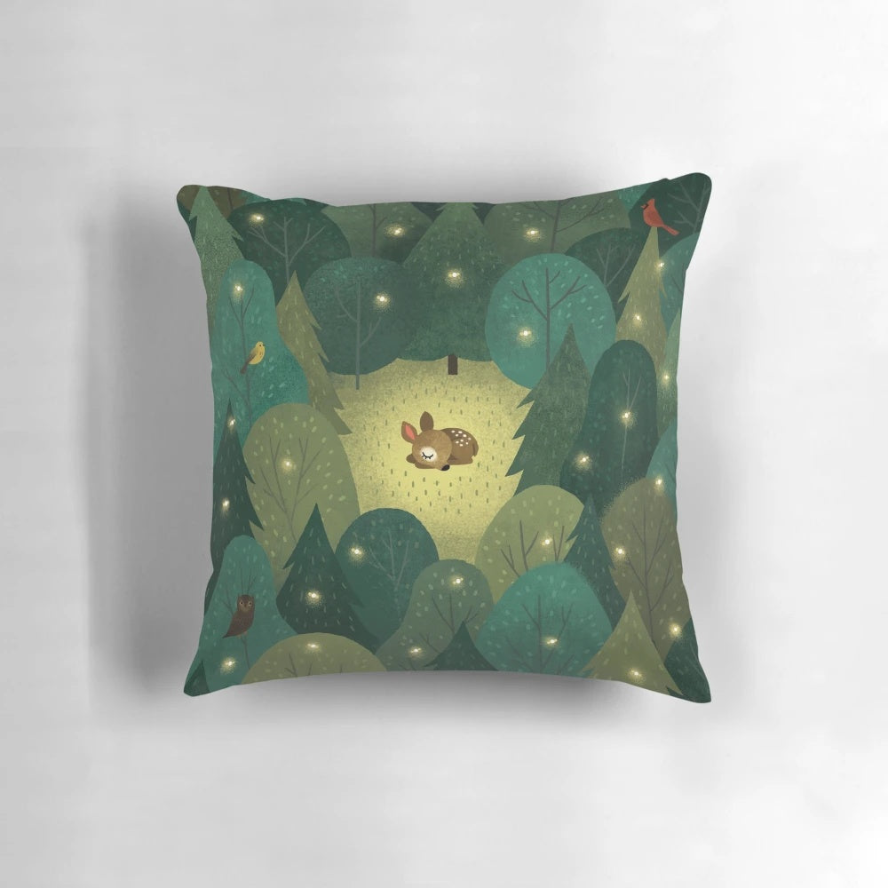 Soft, plush baby fawn pillow for a woodland-themed nursery