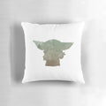 A soft, plush pillow featuring a watercolor-inspired silhouette design of Baby Yoda from the popular TV series The Mandalorian.
