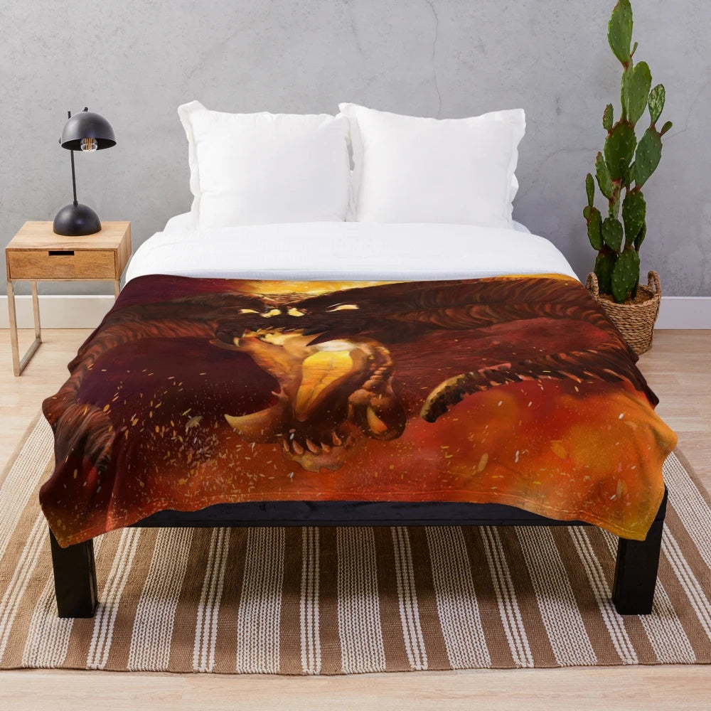 Cozy plush blanket featuring a balrog, a powerful fire demon from the Lord of the Rings fantasy universe