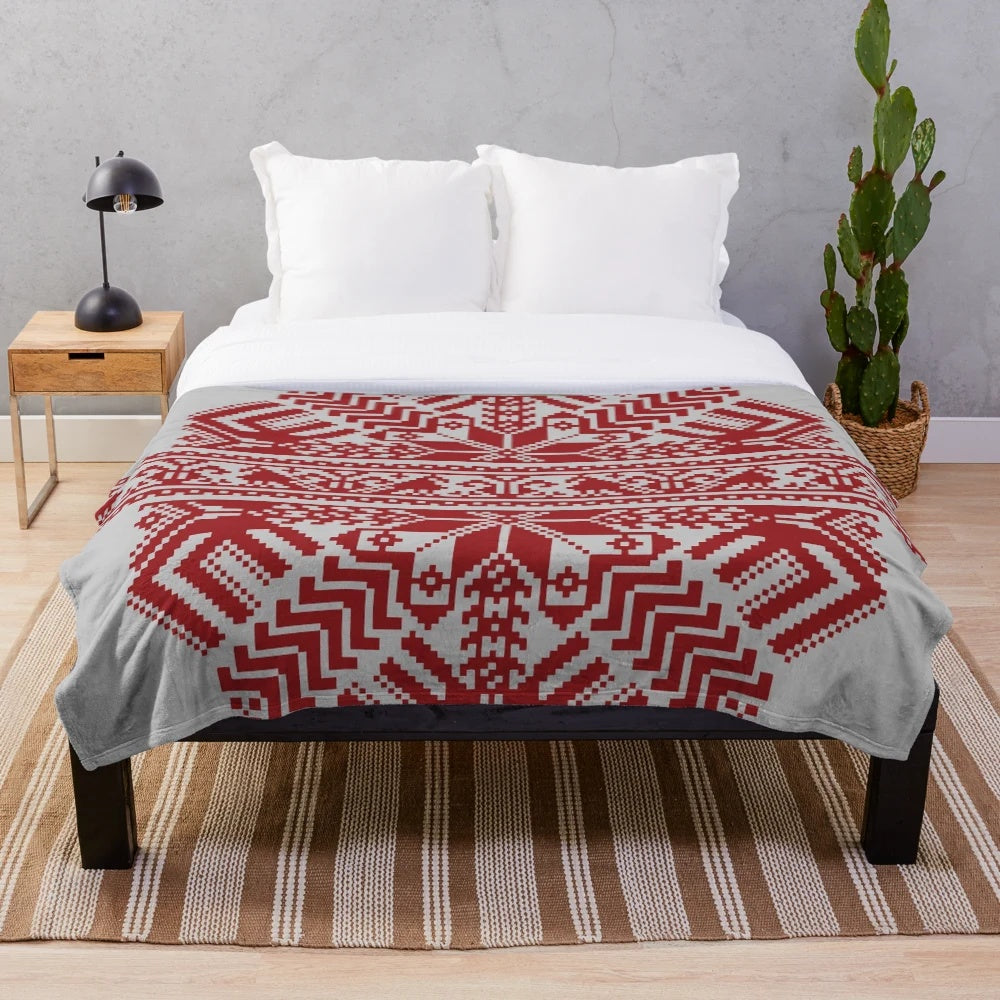 Baltic traditional Latvian plush blanket with ornamental geometric design