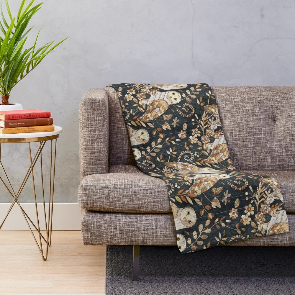 Wooden Barn Owl Collage Plush Blanket with Nature-Inspired Design