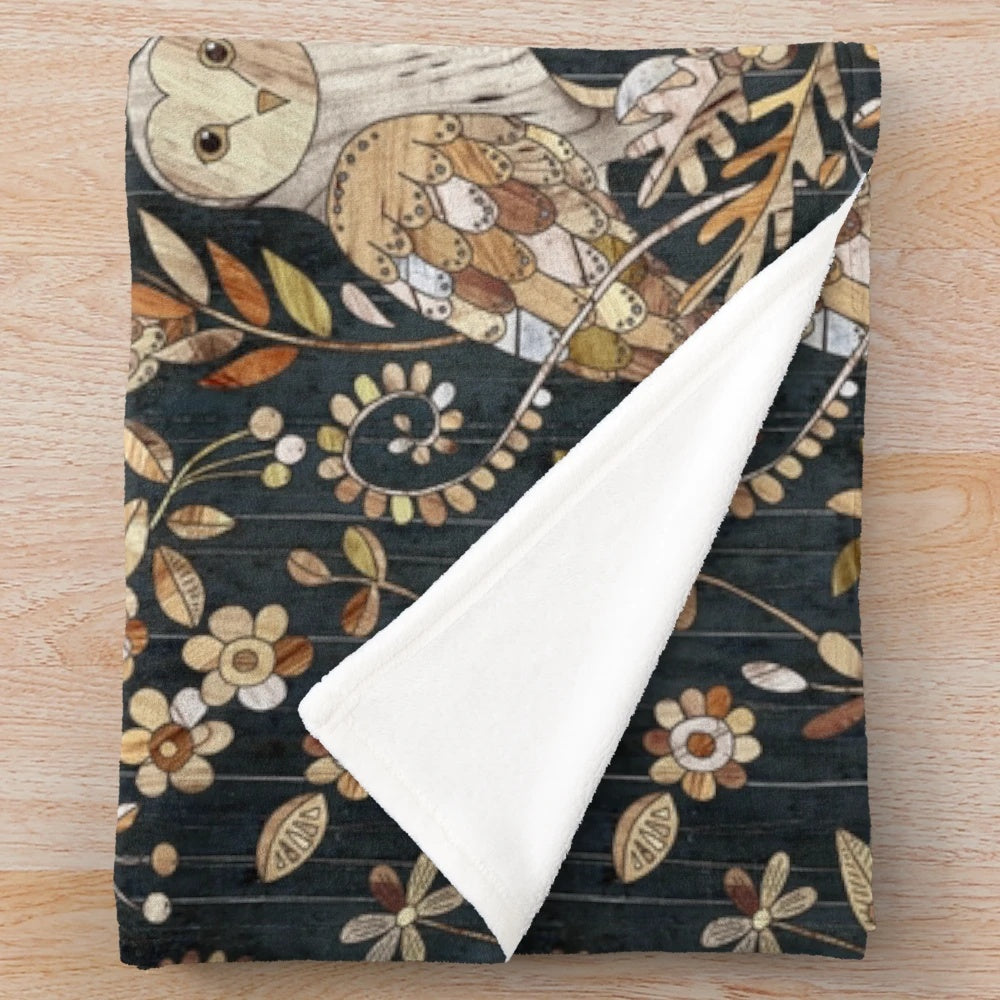 Wooden Barn Owl Collage Plush Blanket with Nature-Inspired Design