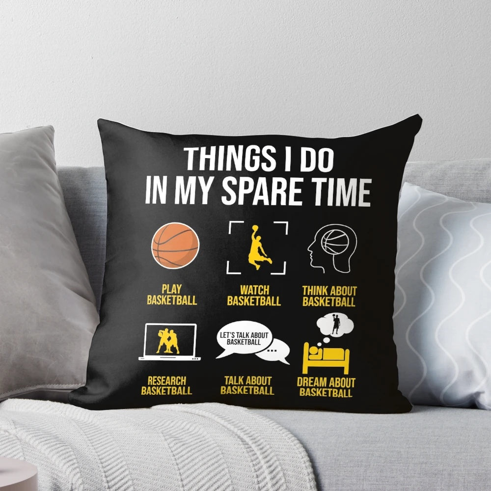 Basketball-themed throw pillow featuring a basketball illustration and the text "Things I do in my spare time