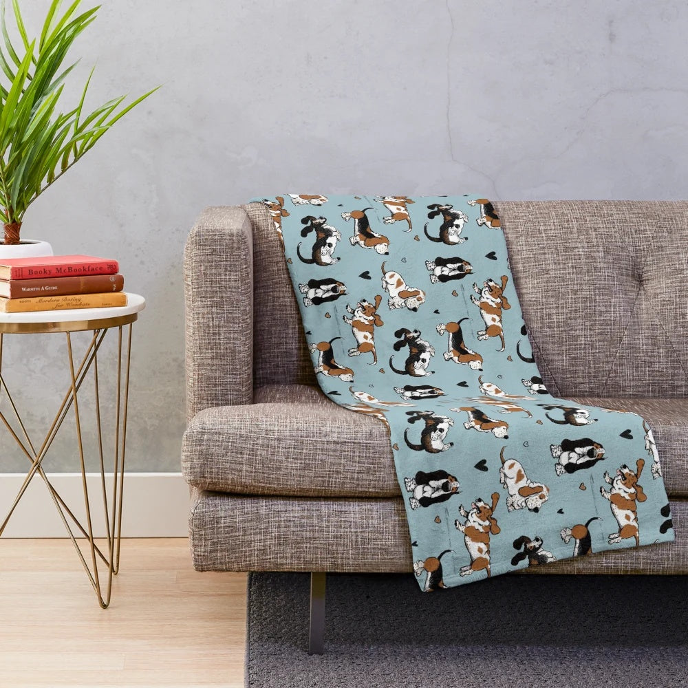 Soft and cuddly plush blanket featuring adorable basset hound puppies