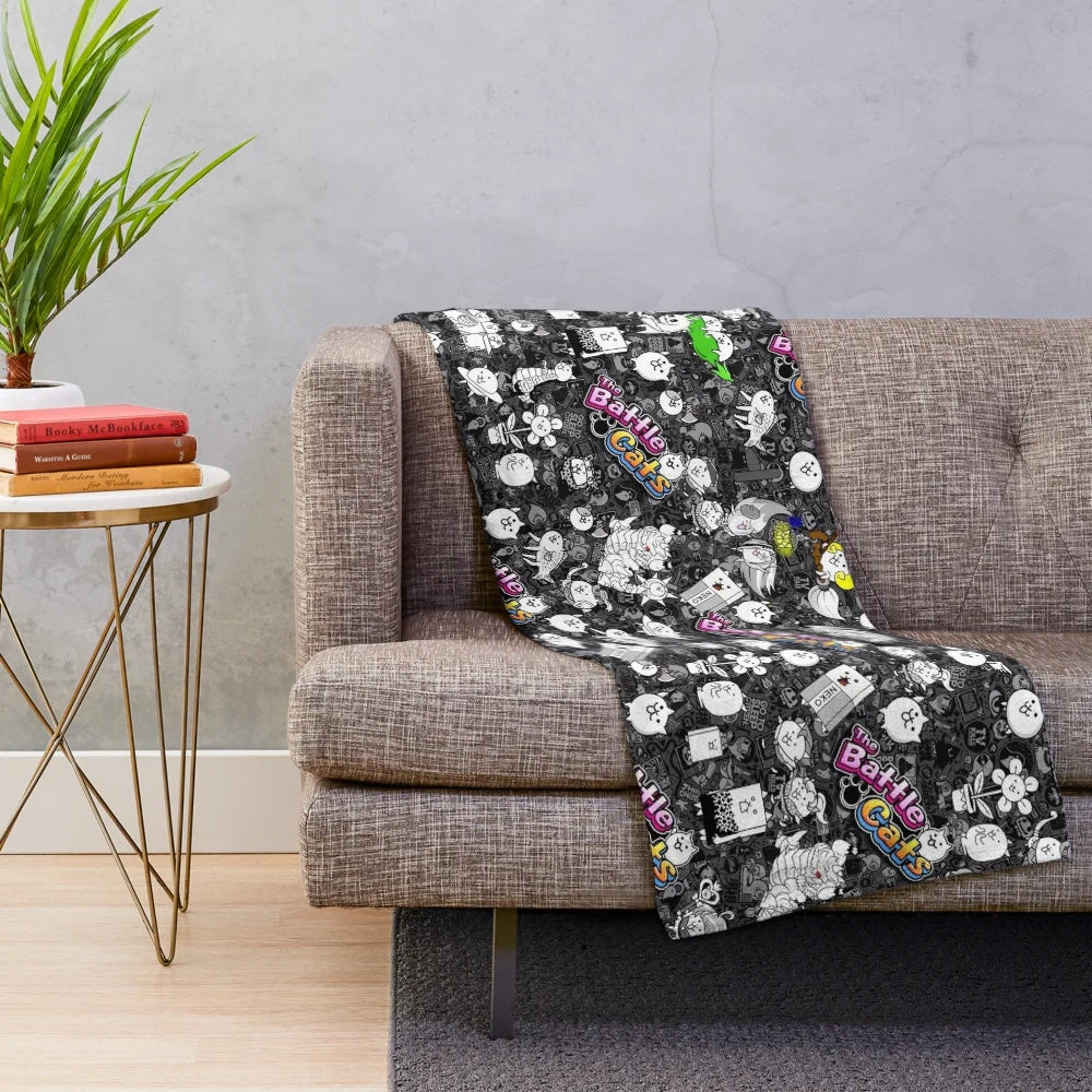 Battle Cats inspired plush blanket featuring adorable cat designs