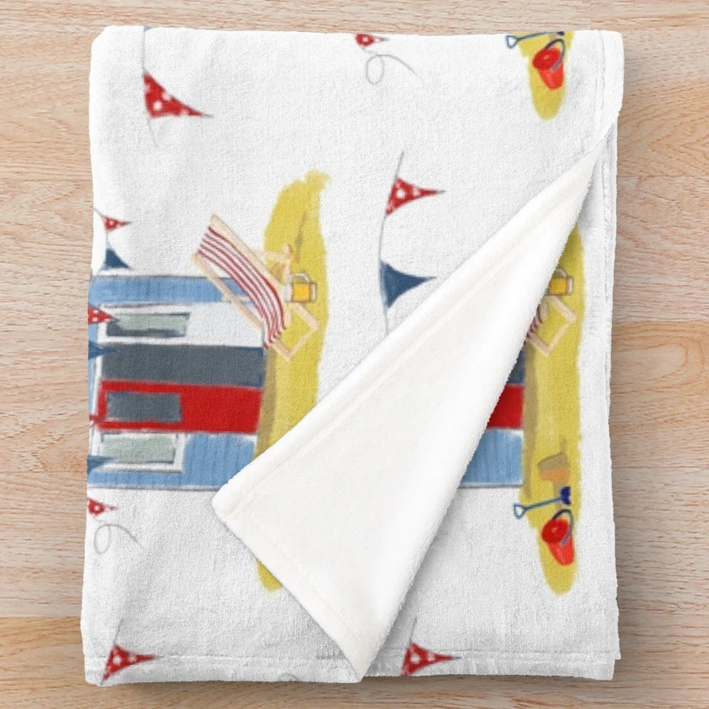 Beach hut themed plush blanket with coastal design elements