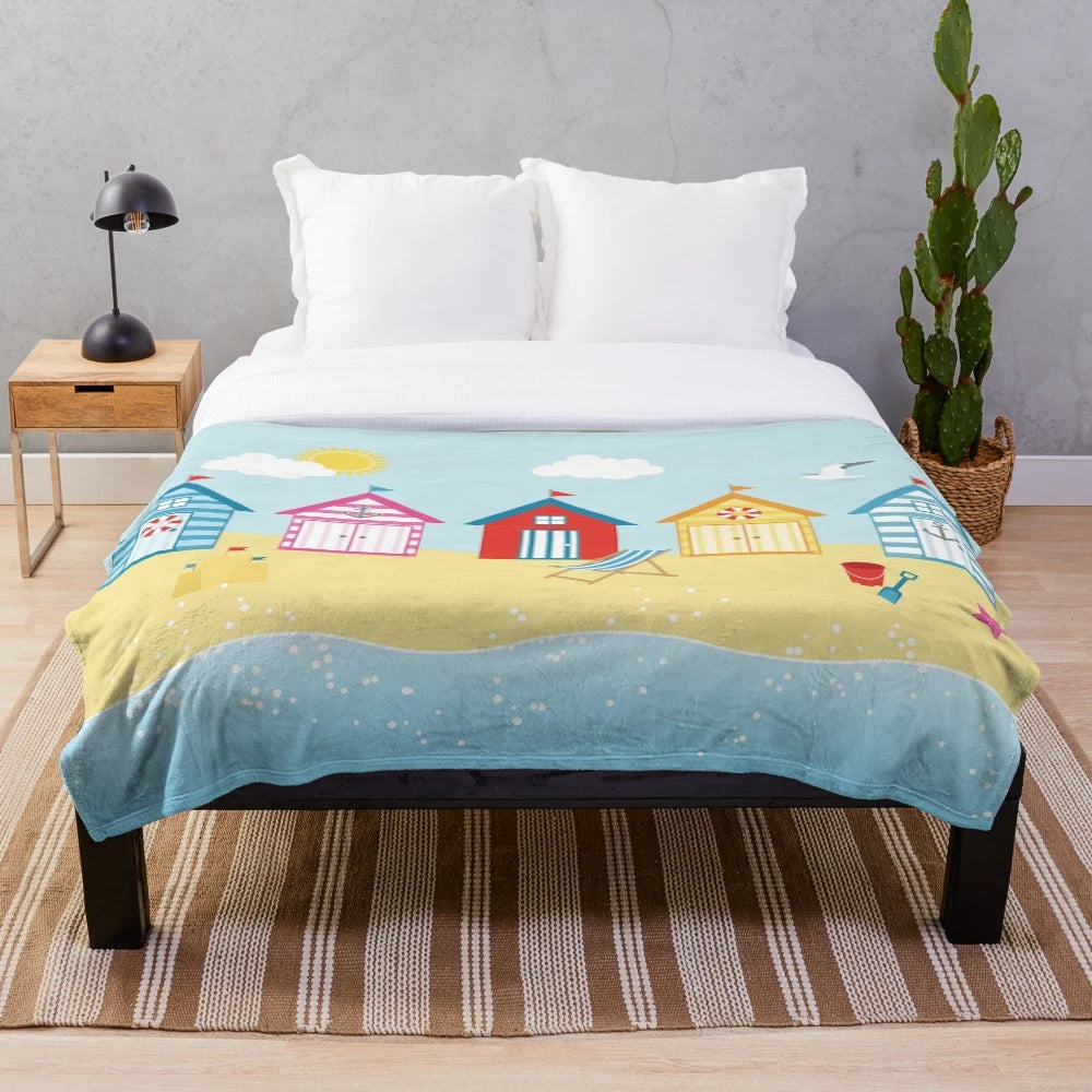 Plush blanket featuring a serene beach hut scene