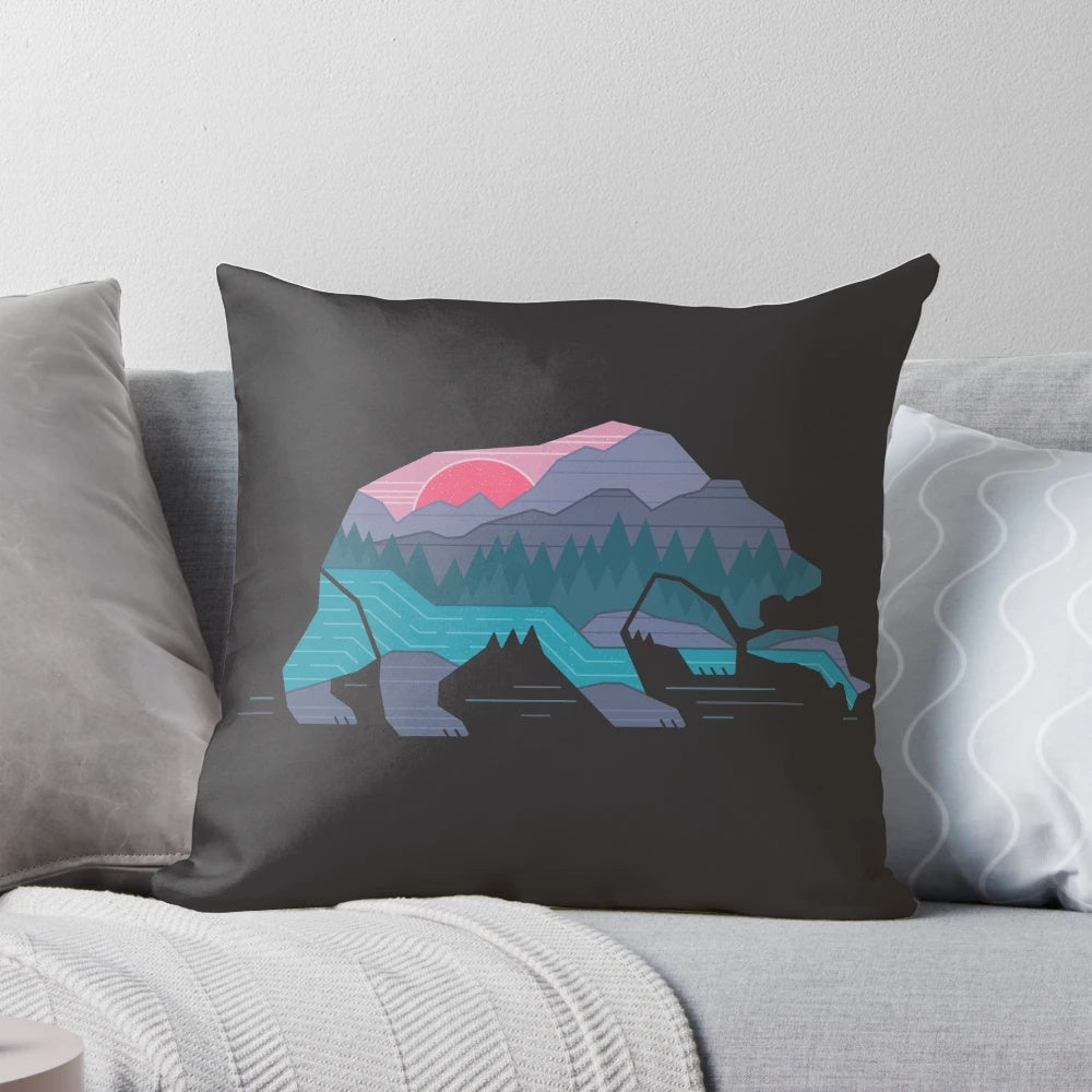 Soft, plush pillow featuring a nature-inspired bear design, perfect for camping, hiking, and outdoor enthusiasts.
