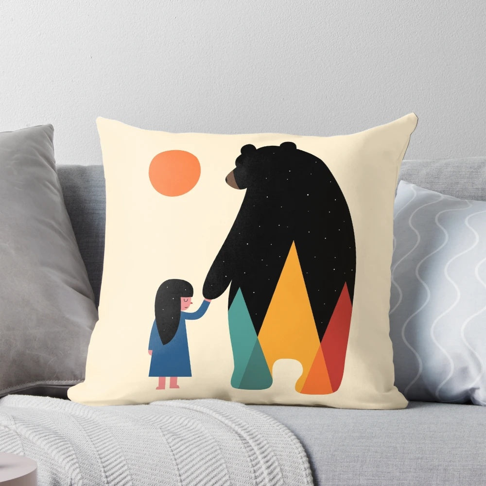 A plush bear pillow with a whimsical nature-inspired design, perfect for adding a touch of comfort and warmth to any living space.