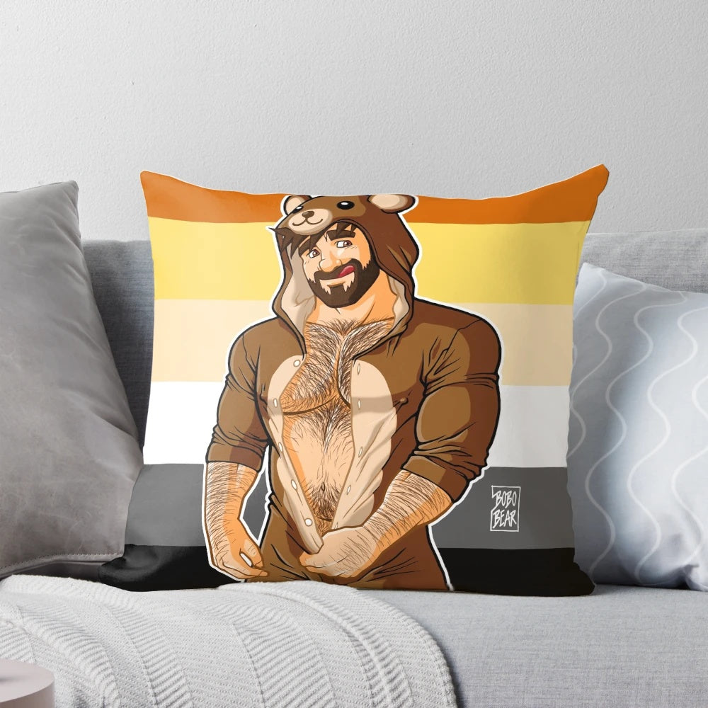 A colorful pillow featuring a cute teddy bear design with the Pride flag, representing bear pride and LGBTQ+ community.