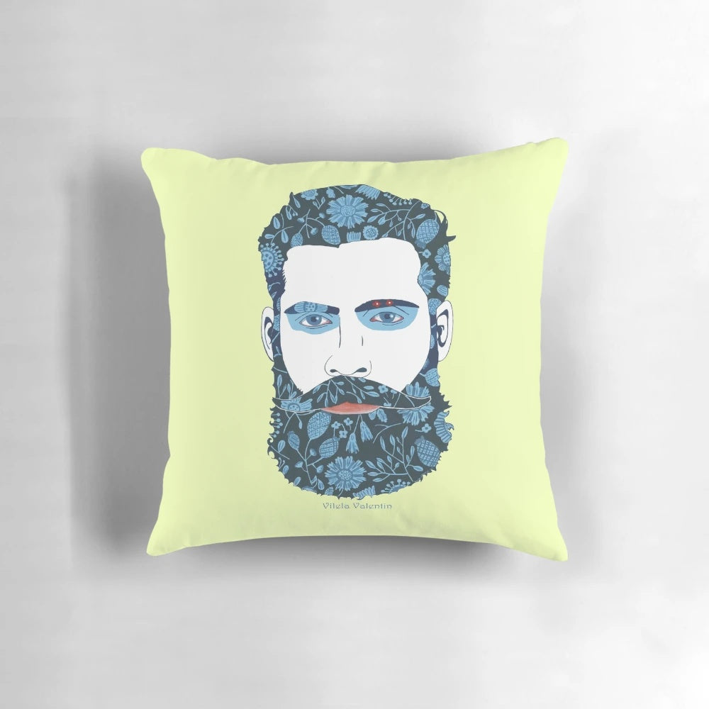 A soft, plush pillow featuring a graphic design of a beard, perfect for LGBTQ+ men.