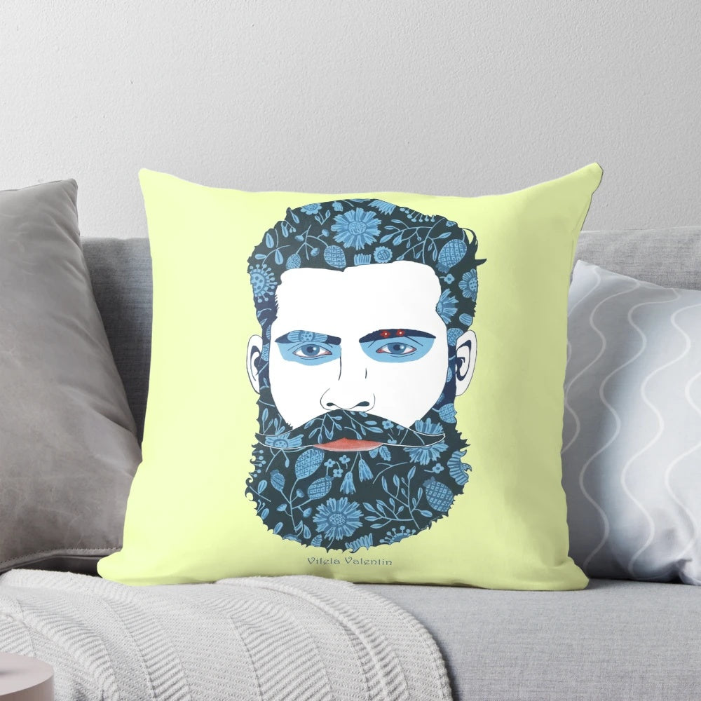 A soft, plush pillow featuring a graphic design of a beard, perfect for LGBTQ+ men.