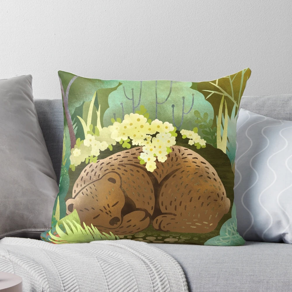 Plush brown bear pillow with nature-inspired design, perfect for a woodland-themed bedroom.