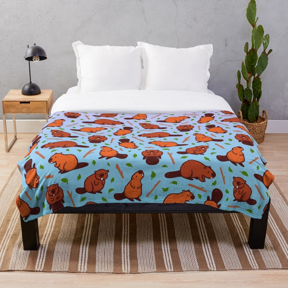 Beaver-themed plush blanket with cartoon patterns