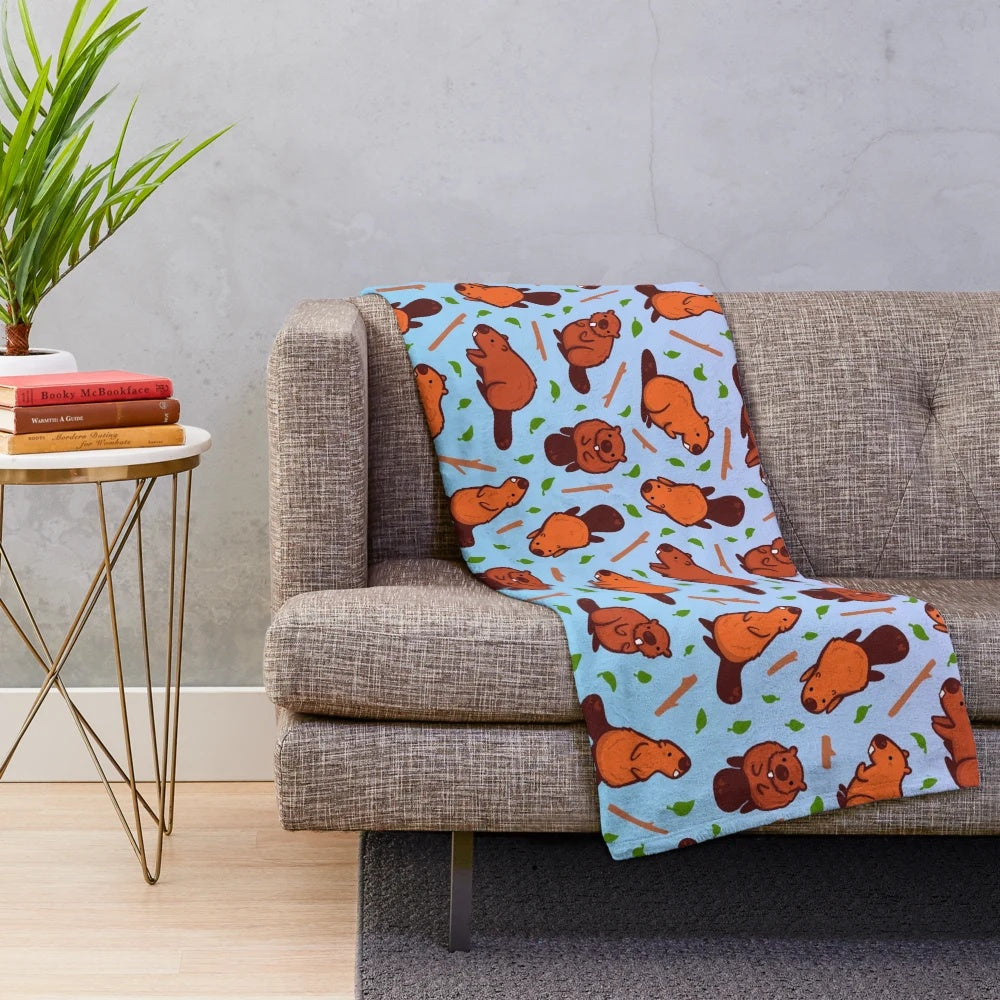 Beaver-themed plush blanket with cartoon patterns