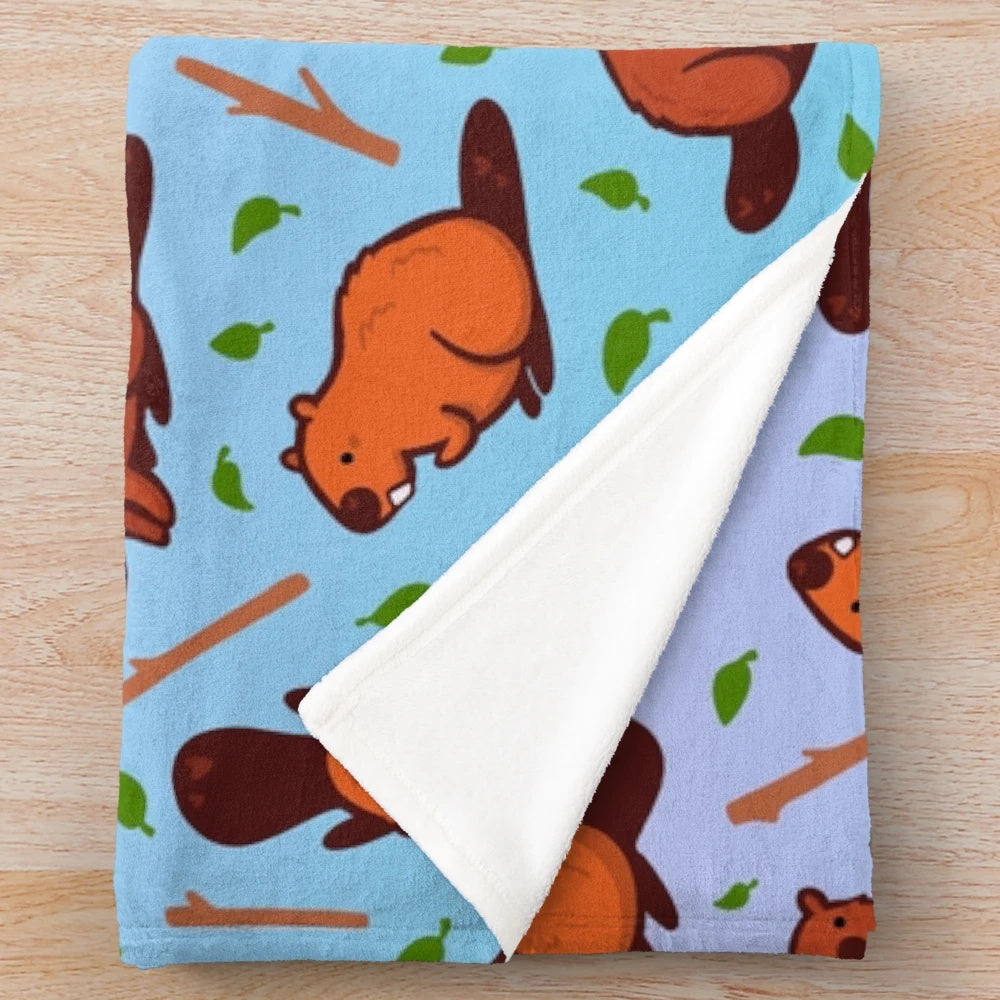 Beaver-themed plush blanket with cartoon patterns