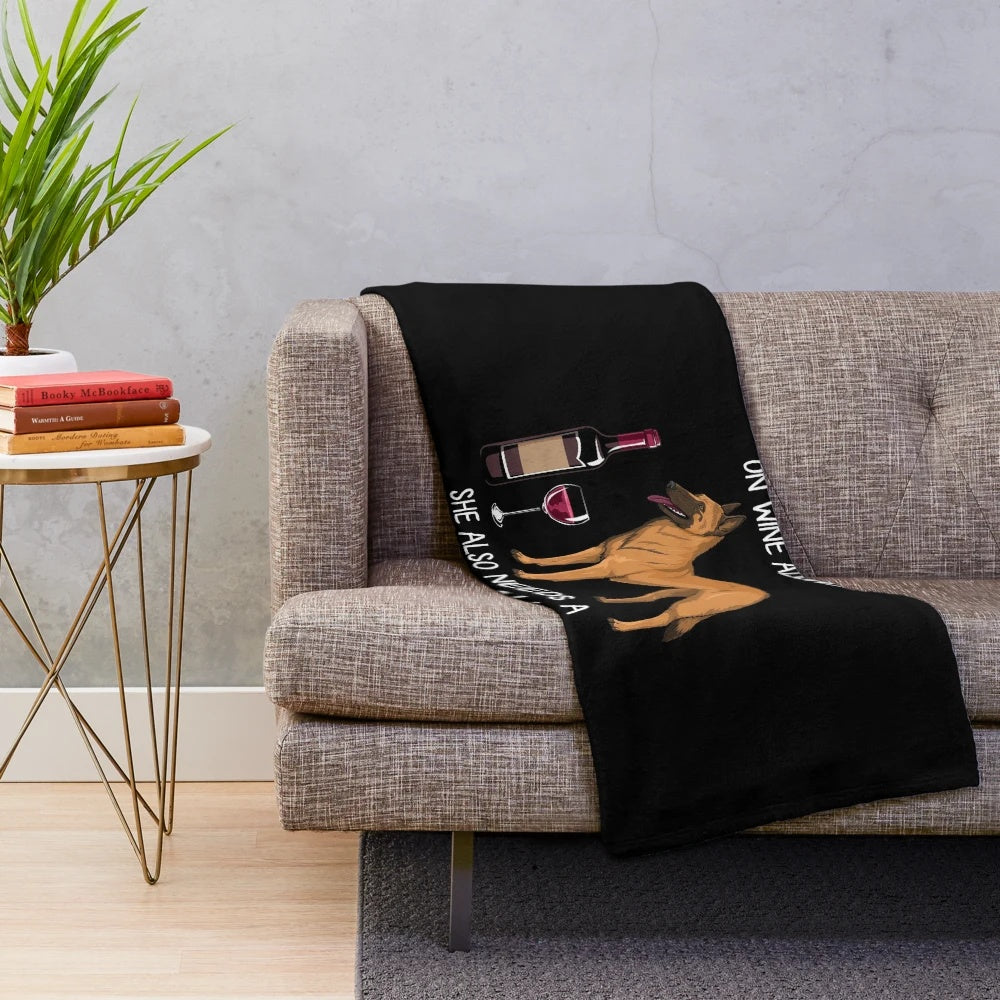 Soft and plush blanket with a Belgian Malinois dog and wine design for dog lovers