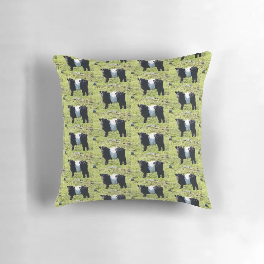 Soft, plush pillow featuring an adorable belted galloway calf, perfect for adding rustic charm to any farm-inspired home.