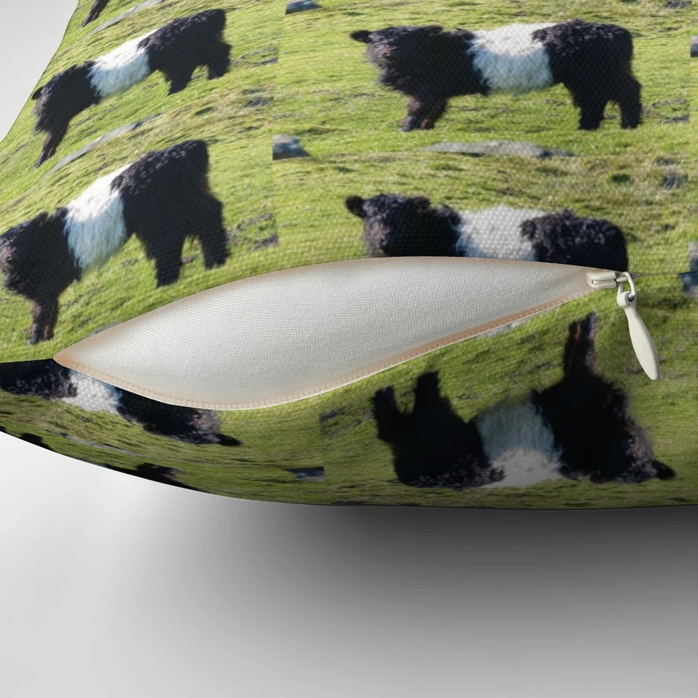 Soft, plush pillow featuring an adorable belted galloway calf, perfect for adding rustic charm to any farm-inspired home.