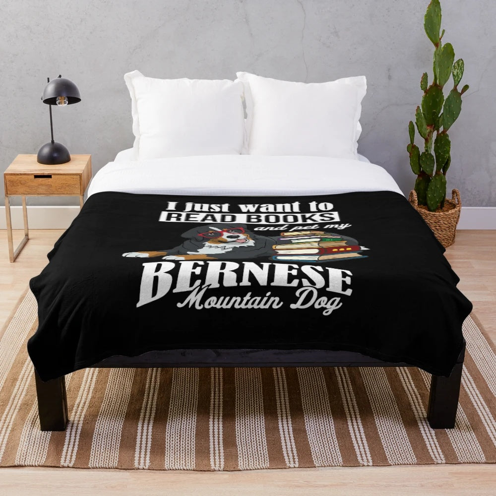 Cozy and soft Bernese Mountain Dog plush blanket for book lovers