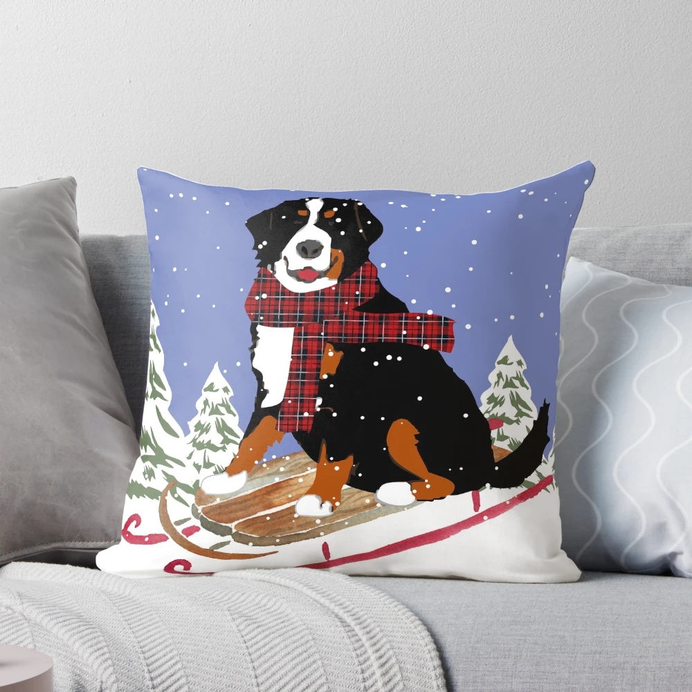 Soft plush pillow featuring a Bernese mountain dog in a winter sledding scene
