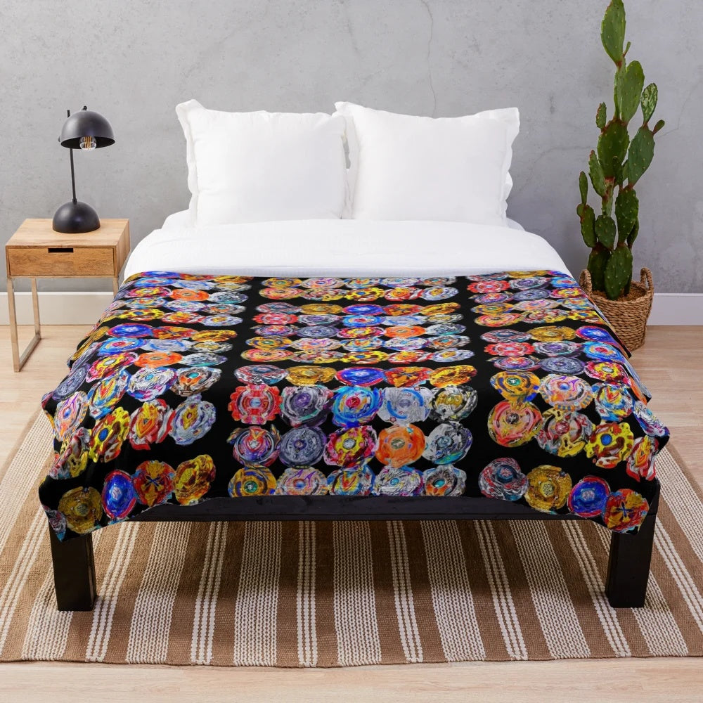 Beyblade Burst inspired plush blanket featuring characters and designs from the popular anime series