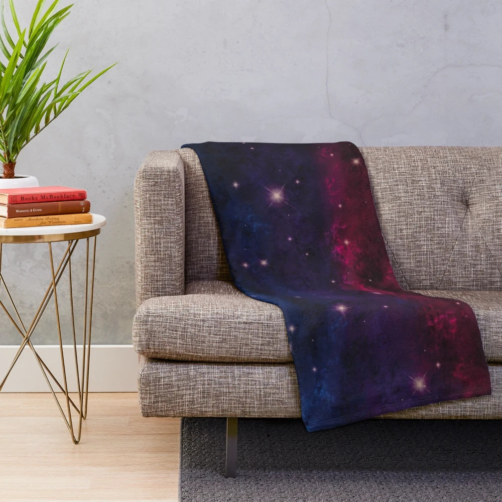 Bi Nebula Plush Blanket featuring a colorful galaxy design in the colors of the bisexual pride flag