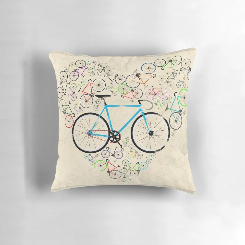 A plush, high-quality pillow featuring a vibrant bicycle design, perfect for bike lovers.