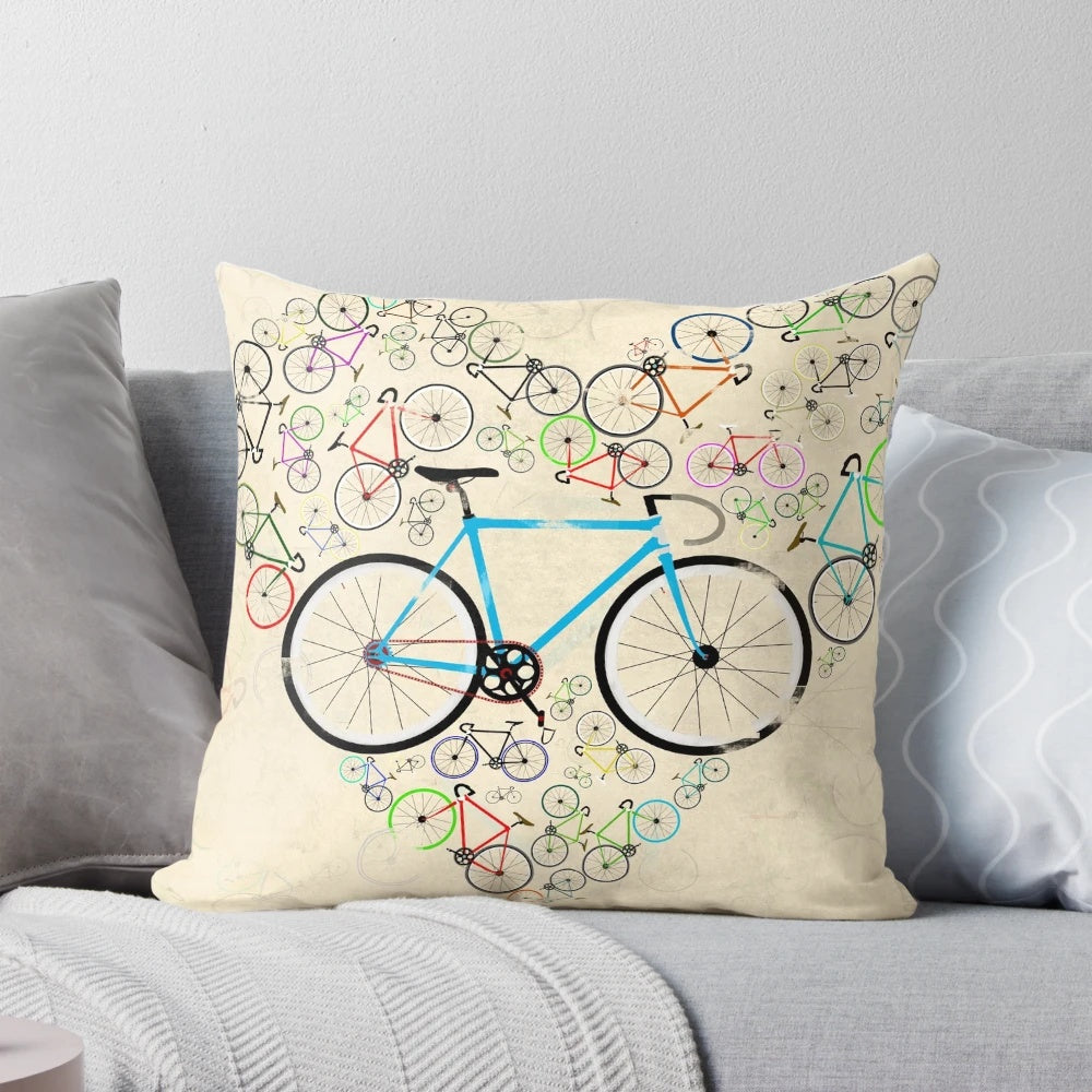 A plush, high-quality pillow featuring a vibrant bicycle design, perfect for bike lovers.