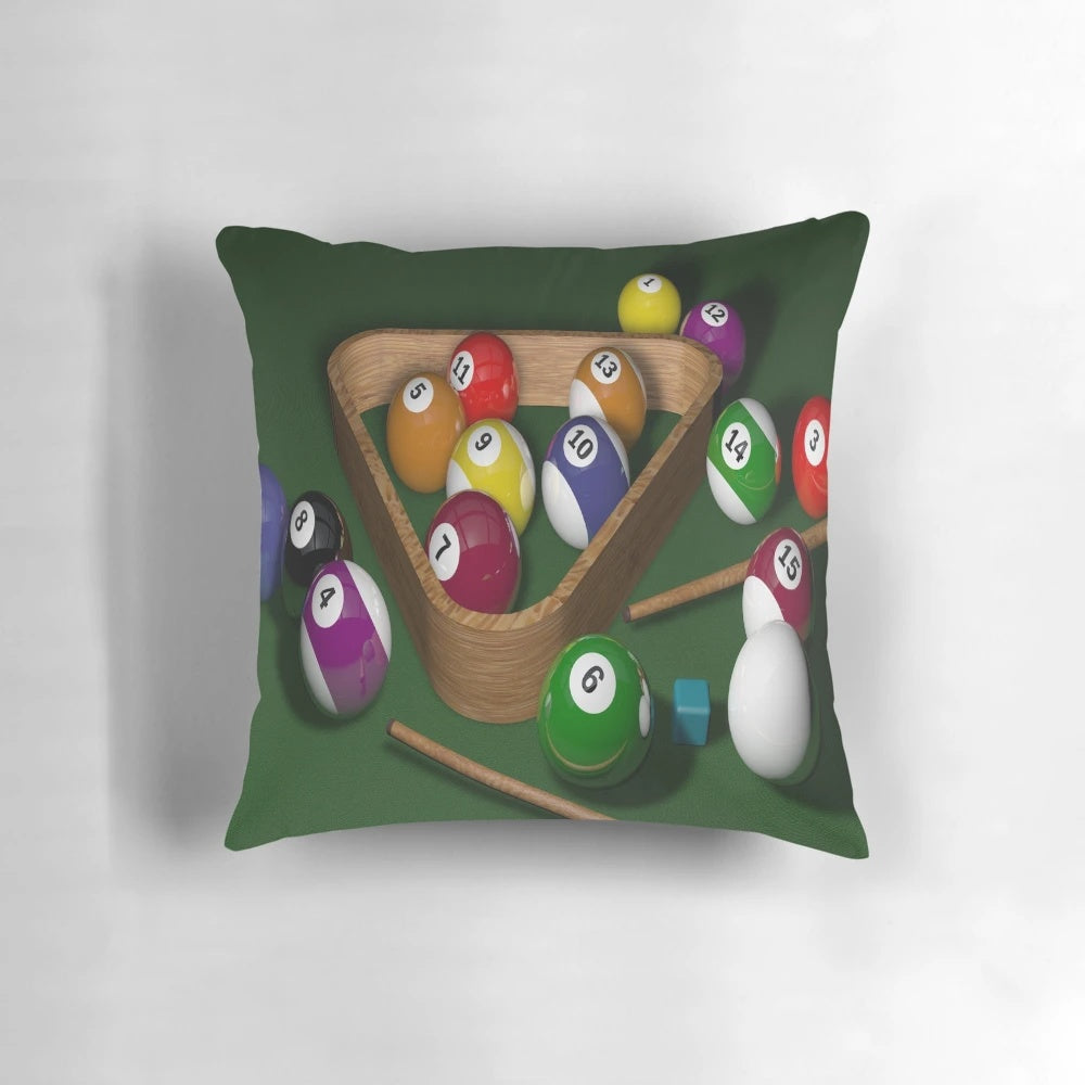 Soft, decorative billiards-themed pillow featuring a realistic pool table design