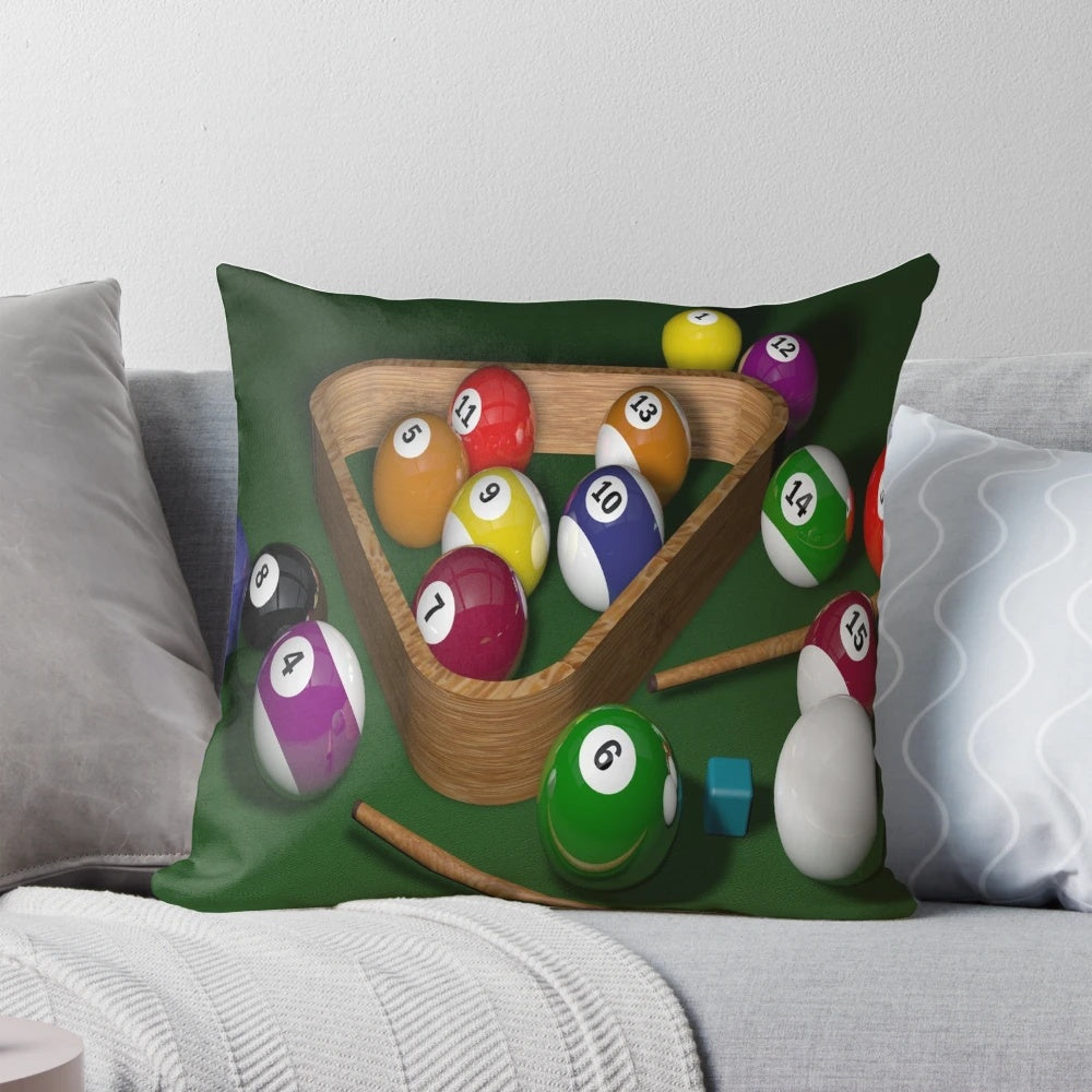 Soft, decorative billiards-themed pillow featuring a realistic pool table design