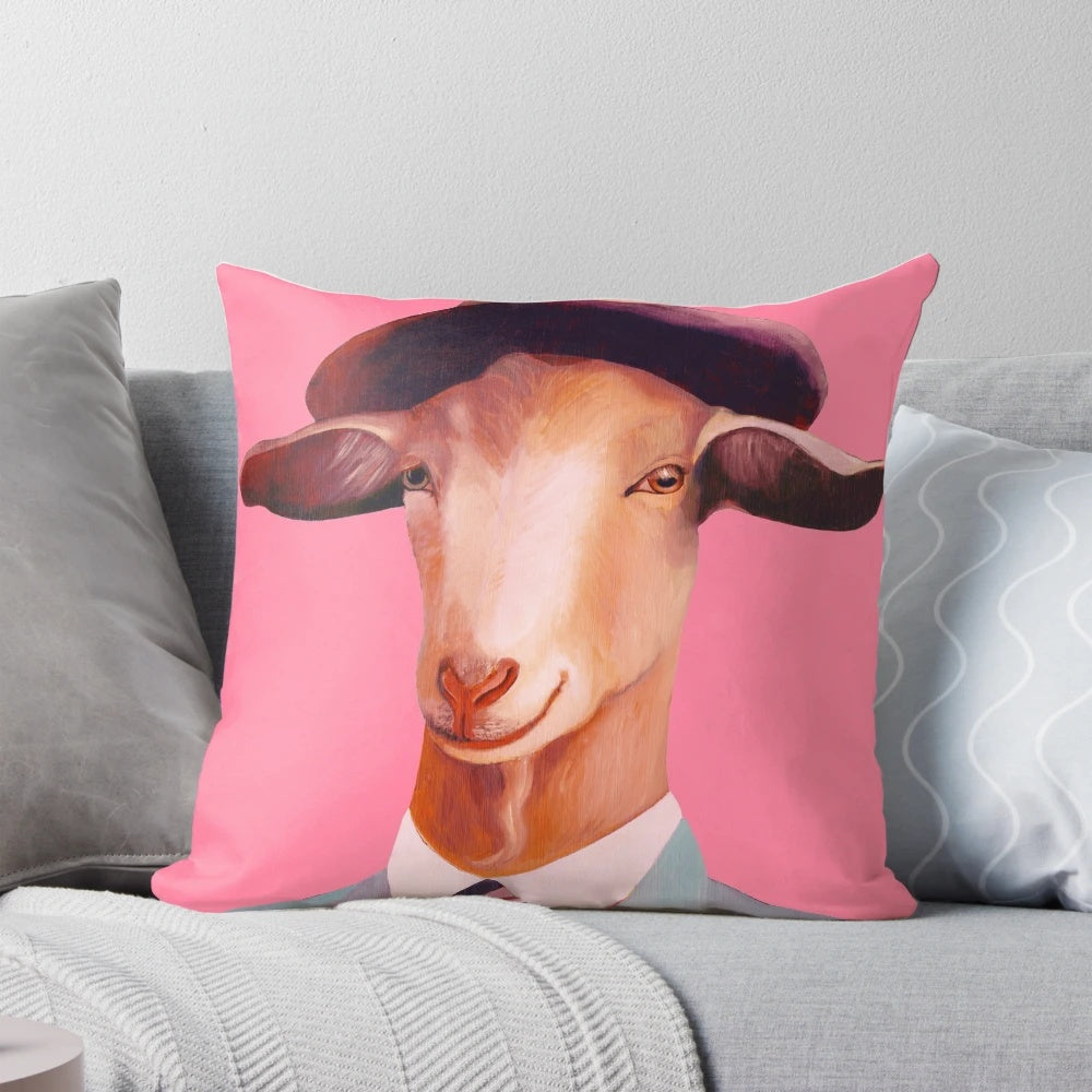 A soft, pink pillow featuring a detailed portrait of a billy goat, perfect for adding a touch of whimsy to any room.