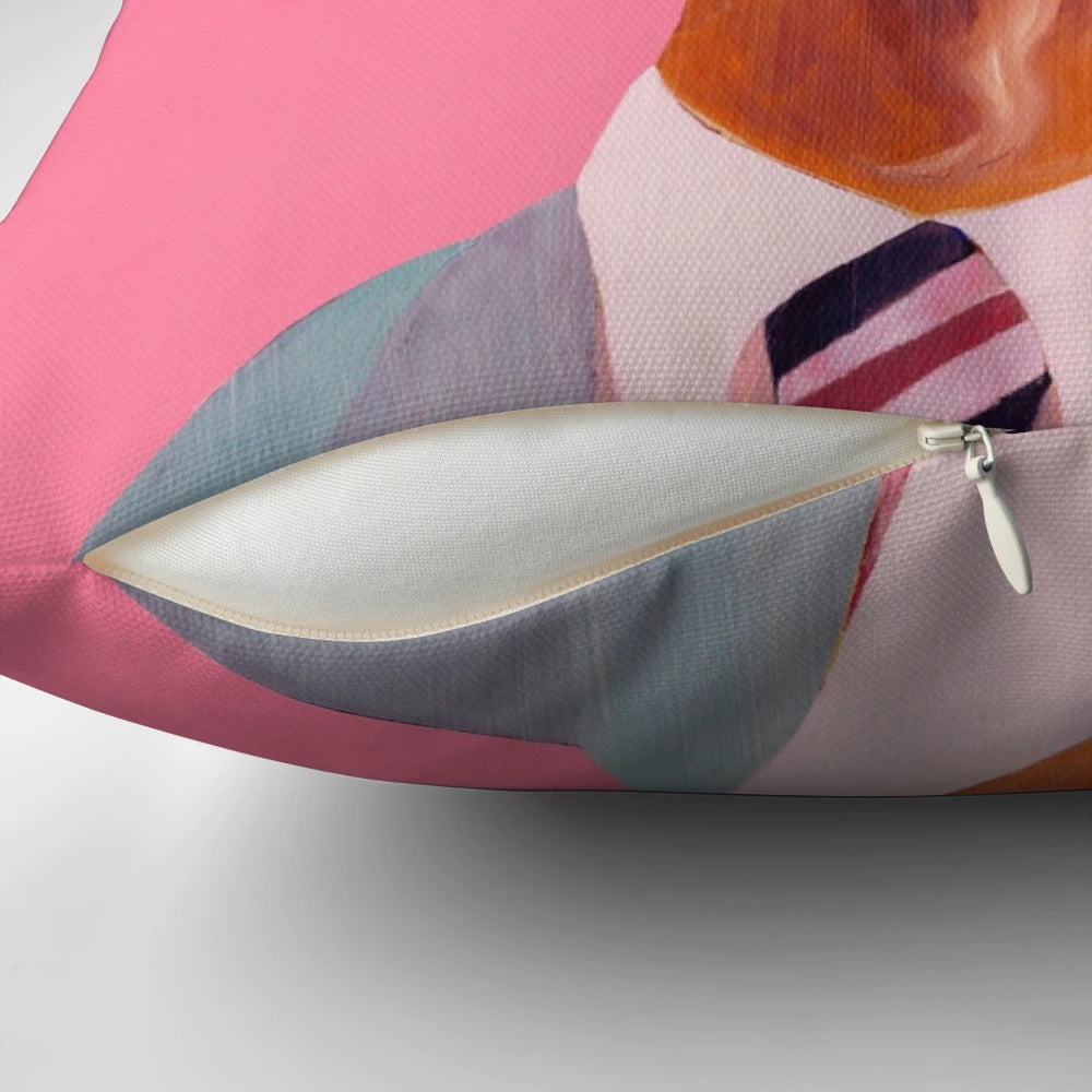 A soft, pink pillow featuring a detailed portrait of a billy goat, perfect for adding a touch of whimsy to any room.