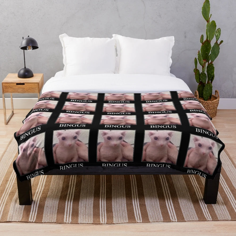 Sphynx cat-inspired plush blanket with the Bingus meme design