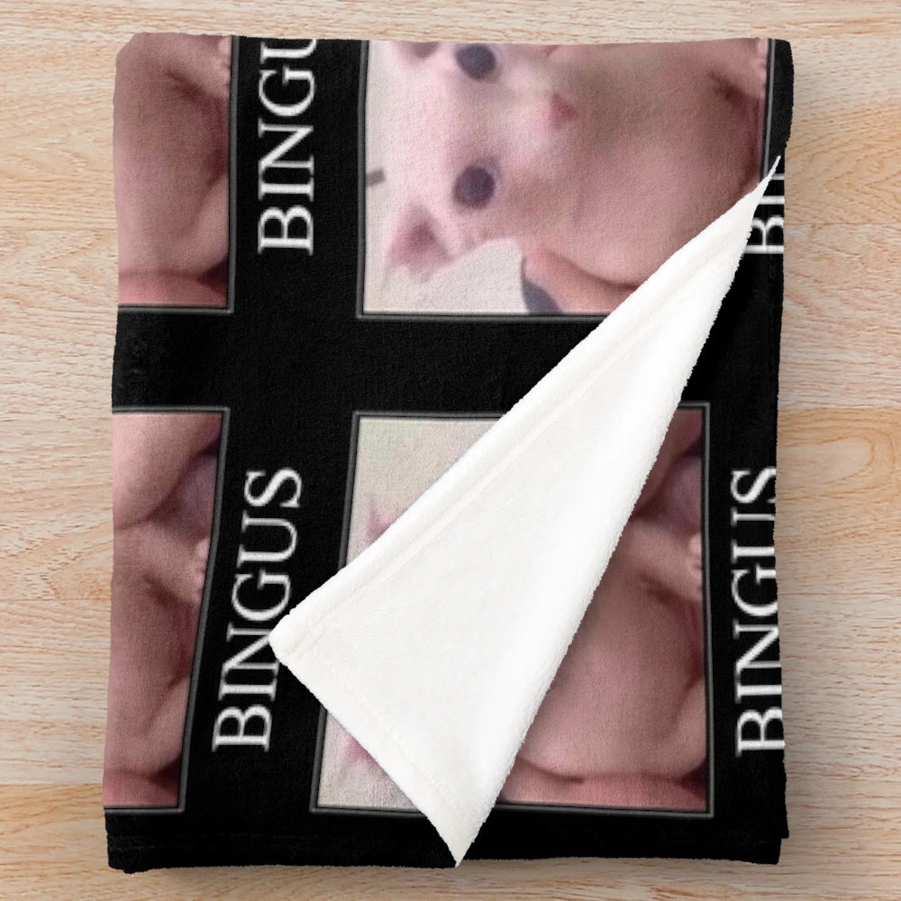 Sphynx cat-inspired plush blanket with the Bingus meme design