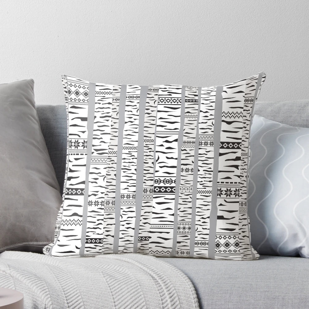 Serene black and white image of a birch forest, designed as a cozy, modern throw pillow.