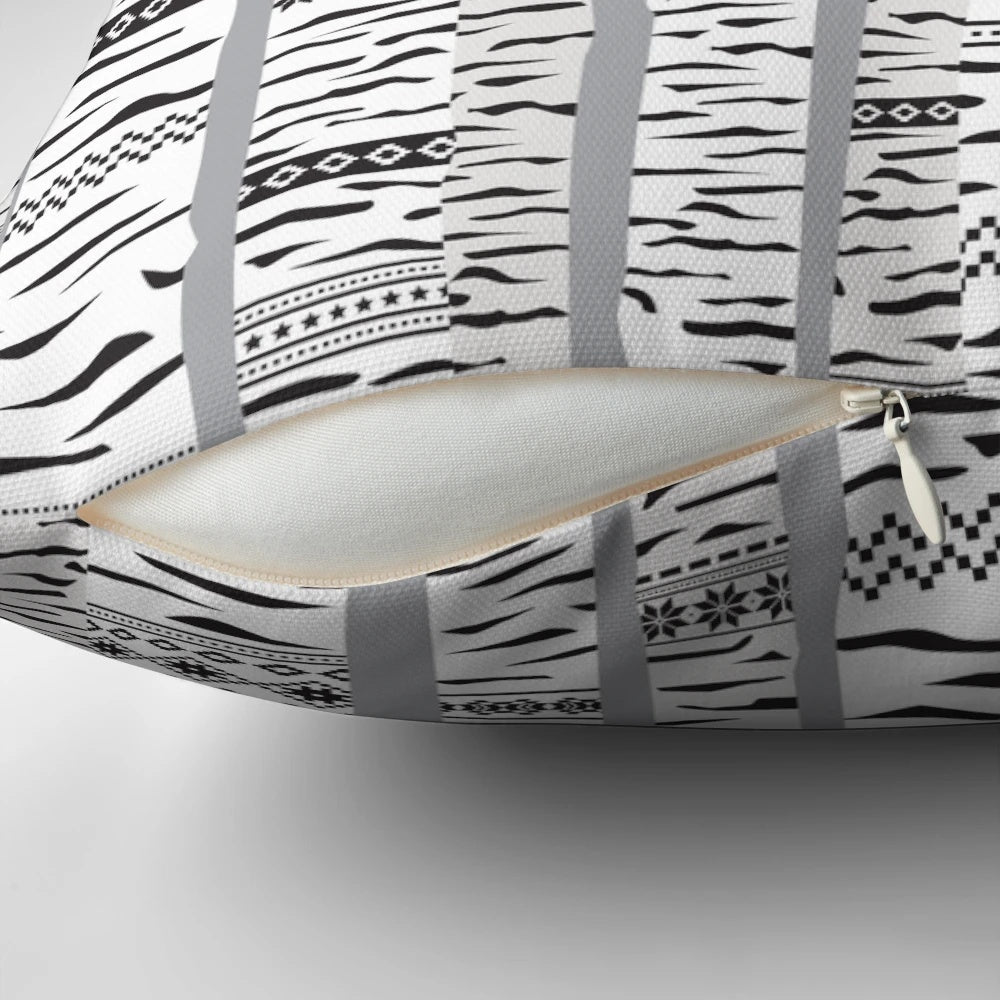 Serene black and white image of a birch forest, designed as a cozy, modern throw pillow.