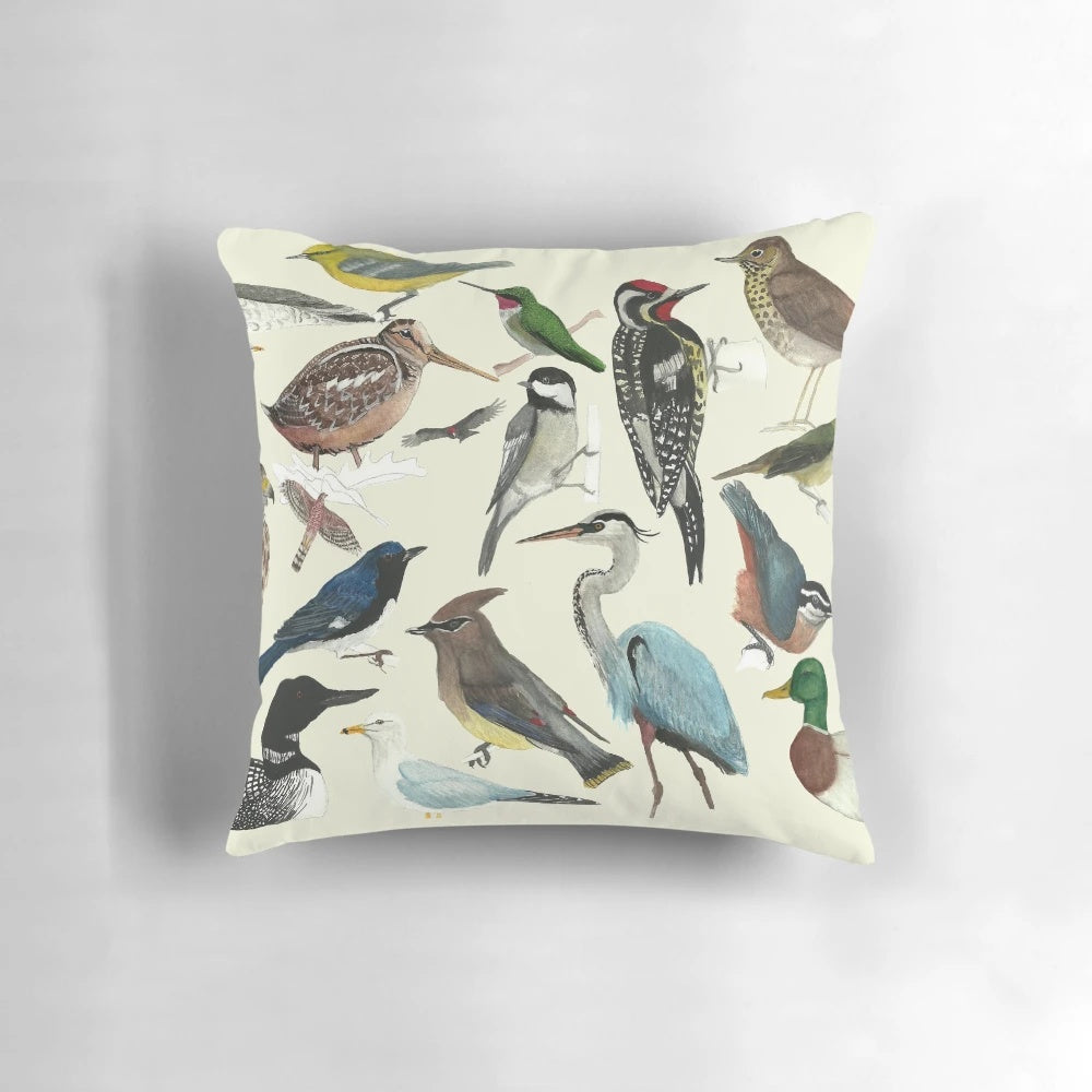 Decorative bird-themed pillow with vibrant bird illustrations perfect for bird enthusiasts and nature lovers.