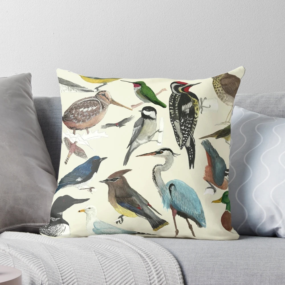 Decorative bird-themed pillow with vibrant bird illustrations perfect for bird enthusiasts and nature lovers.