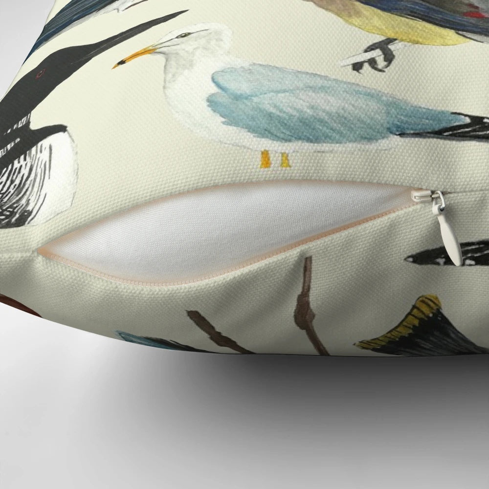 Decorative bird-themed pillow with vibrant bird illustrations perfect for bird enthusiasts and nature lovers.