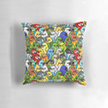 A soft, plush pillow featuring a colorful collage of adorable birds including cockatiels, cockatoos, African greys, macaws, lovebirds, parakeets, and budgies.