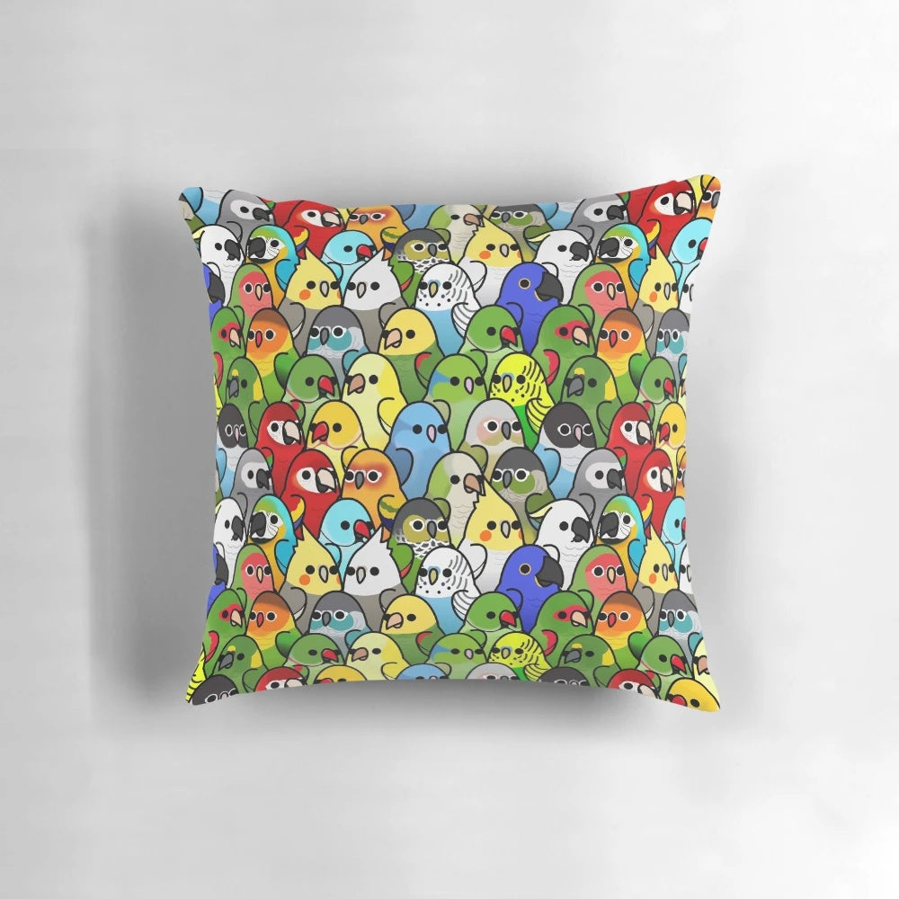 A soft, plush pillow featuring a colorful collage of adorable birds including cockatiels, cockatoos, African greys, macaws, lovebirds, parakeets, and budgies.
