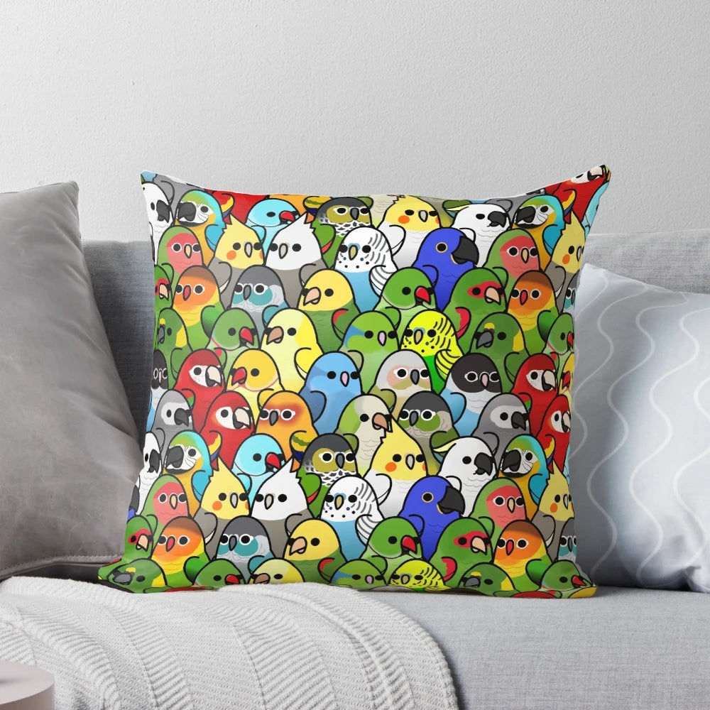 A soft, plush pillow featuring a colorful collage of adorable birds including cockatiels, cockatoos, African greys, macaws, lovebirds, parakeets, and budgies.