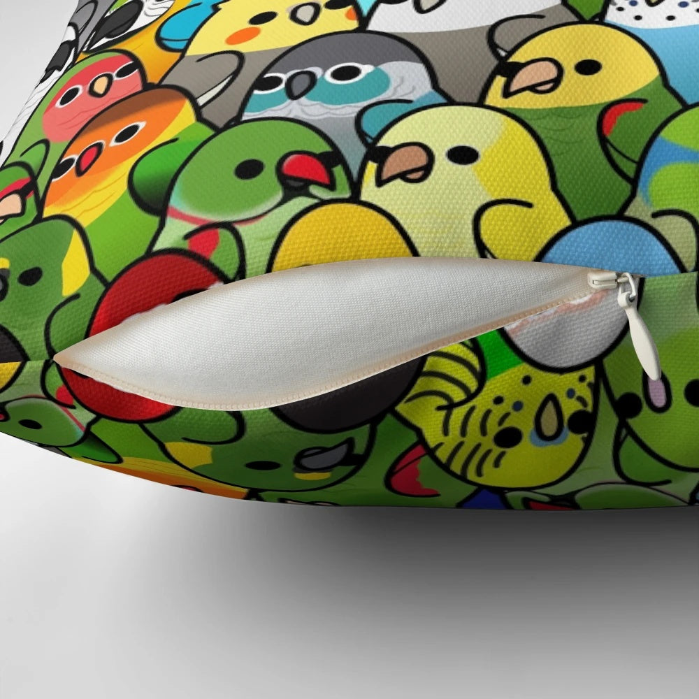 A soft, plush pillow featuring a colorful collage of adorable birds including cockatiels, cockatoos, African greys, macaws, lovebirds, parakeets, and budgies.